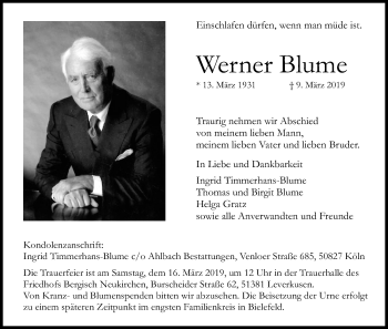 Anzeige von Werner Blume von Kölner Stadt-Anzeiger / Kölnische Rundschau / Express