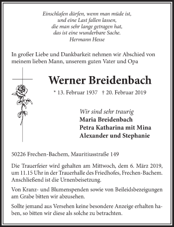 Anzeige von Werner Breidenbach von  Sonntags-Post 
