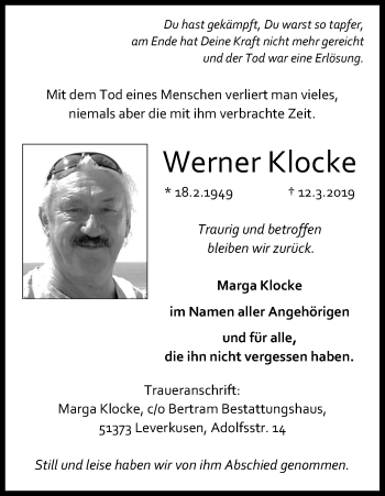 Anzeige von Werner Klocke von Kölner Stadt-Anzeiger / Kölnische Rundschau / Express