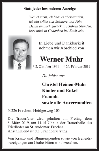 Anzeige von Werner Muhr von  Wochenende 