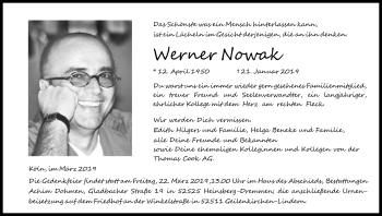 Anzeige von Werner Nowak von Kölner Stadt-Anzeiger / Kölnische Rundschau / Express