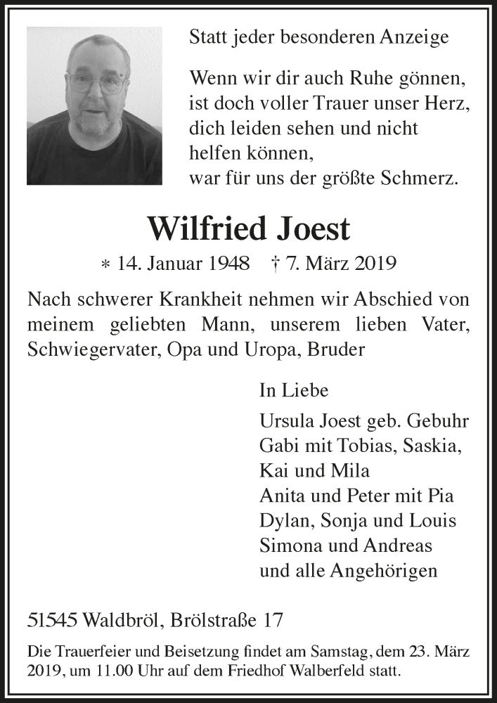  Traueranzeige für Wilfried Joest vom 13.03.2019 aus  Lokalanzeiger 