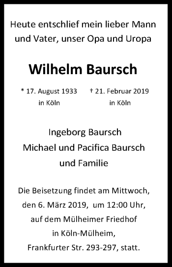 Anzeige von Wilhelm Baursch von Kölner Stadt-Anzeiger / Kölnische Rundschau / Express