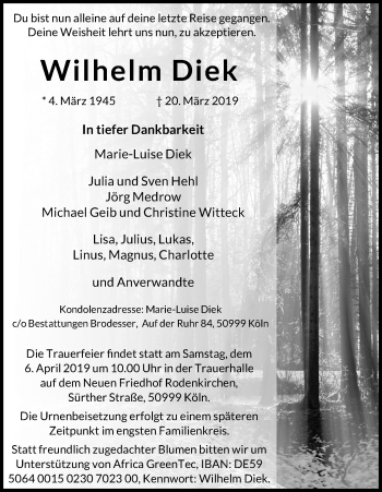 Anzeige von Wilhelm Diek von Kölner Stadt-Anzeiger / Kölnische Rundschau / Express