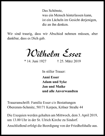 Anzeige von Wilhelm Esser von Kölner Stadt-Anzeiger / Kölnische Rundschau / Express