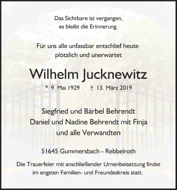 Anzeige von Wilhelm Jucknewitz von Kölner Stadt-Anzeiger / Kölnische Rundschau / Express