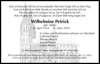 Anzeige von Wilhelmine Petrick von Kölner Stadt-Anzeiger / Kölnische Rundschau / Express