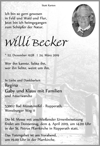 Anzeige von Willi Becker von  Blickpunkt Euskirchen 