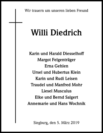 Anzeige von Willi Diedrich von Kölner Stadt-Anzeiger / Kölnische Rundschau / Express