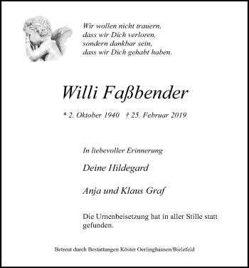 Anzeige von Willi Faßbender von Kölner Stadt-Anzeiger / Kölnische Rundschau / Express
