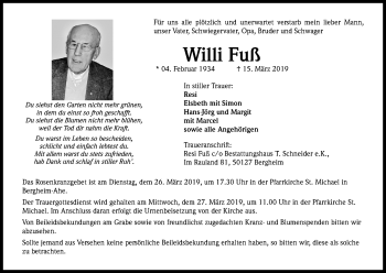 Anzeige von Willi Fuß von Kölner Stadt-Anzeiger / Kölnische Rundschau / Express