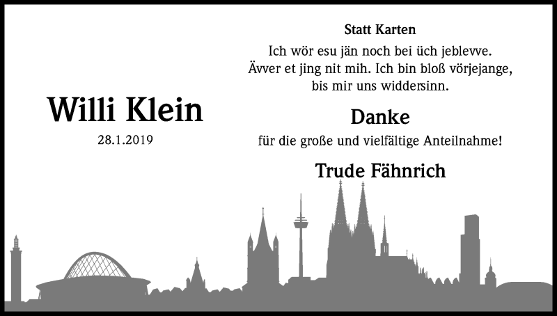 Traueranzeige für Willi Klein vom 09.03.2019 aus Kölner Stadt-Anzeiger / Kölnische Rundschau / Express