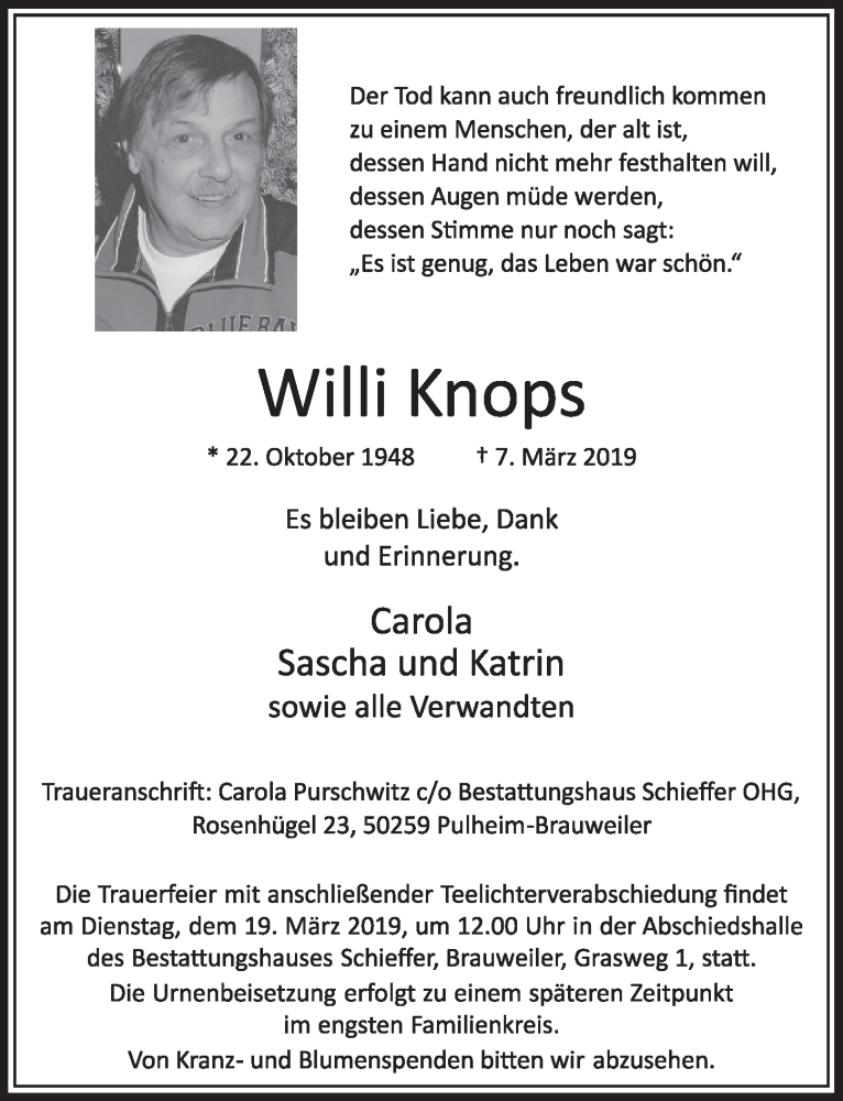  Traueranzeige für Willi Knops vom 16.03.2019 aus  Sonntags-Post 