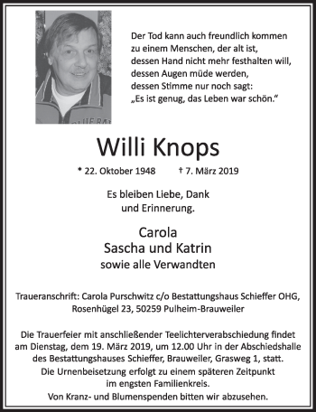 Anzeige von Willi Knops von  Sonntags-Post 