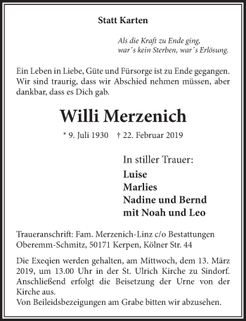 Anzeige von Willi Merzenich von  Sonntags-Post 