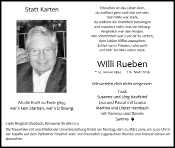Anzeige von Willi Rueben von Kölner Stadt-Anzeiger / Kölnische Rundschau / Express