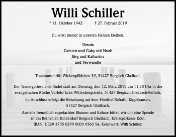 Anzeige von Willi Schiller von Kölner Stadt-Anzeiger / Kölnische Rundschau / Express
