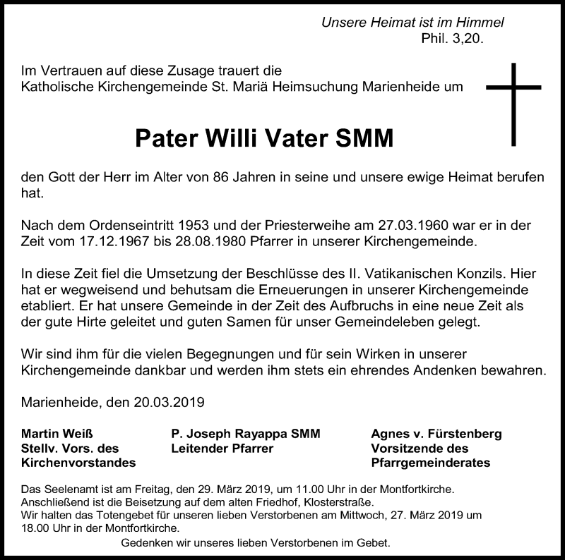  Traueranzeige für Willi Vater vom 23.03.2019 aus Kölner Stadt-Anzeiger / Kölnische Rundschau / Express