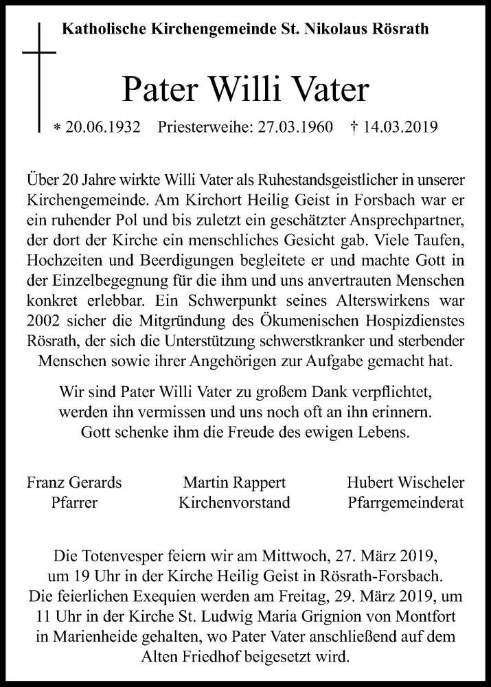  Traueranzeige für Willi Vater vom 23.03.2019 aus Kölner Stadt-Anzeiger / Kölnische Rundschau / Express