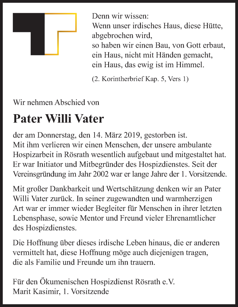  Traueranzeige für Willi Vater vom 23.03.2019 aus Kölner Stadt-Anzeiger / Kölnische Rundschau / Express