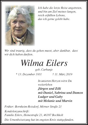 Anzeige von Wilma Eilers von  Schaufenster/Blickpunkt 