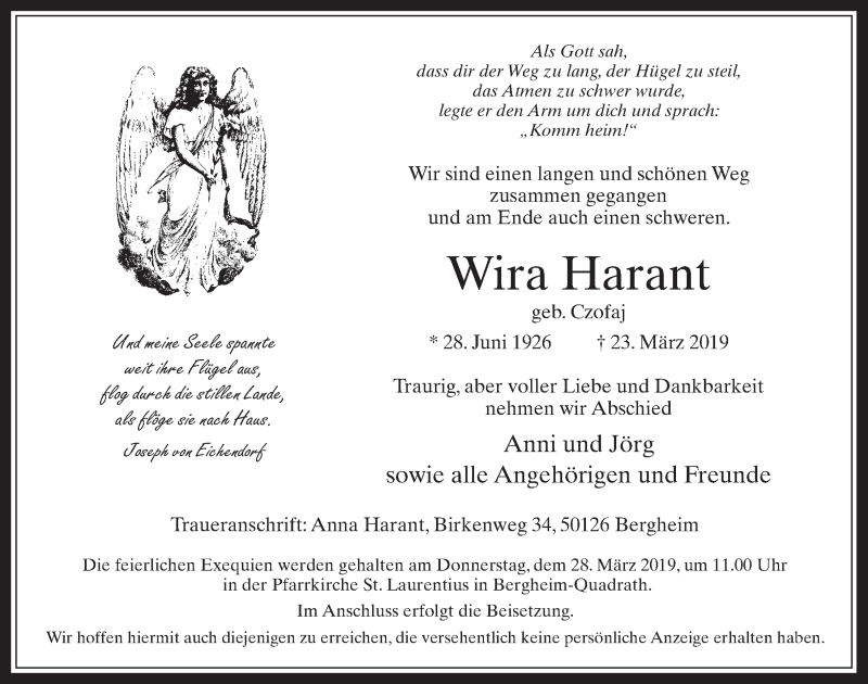 Traueranzeige für Wira Harant vom 27.03.2019 aus  Werbepost 