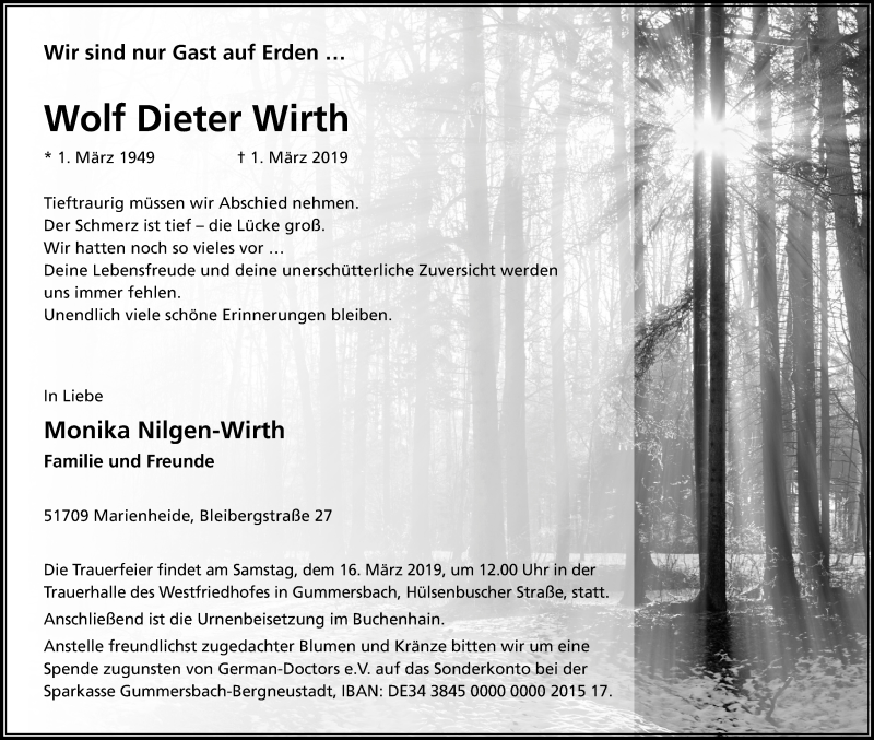  Traueranzeige für Wolf Dieter Wirth vom 09.03.2019 aus Kölner Stadt-Anzeiger / Kölnische Rundschau / Express