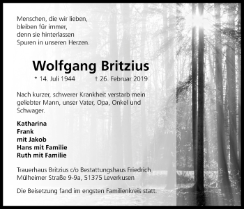 Anzeige von Wolfgang Britzius von Kölner Stadt-Anzeiger / Kölnische Rundschau / Express