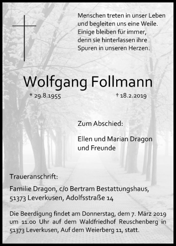 Anzeige von Wolfgang Follmann von Kölner Stadt-Anzeiger / Kölnische Rundschau / Express