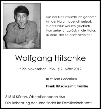 Anzeige von Wolfgang Hitschke von Kölner Stadt-Anzeiger / Kölnische Rundschau / Express