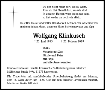 Anzeige von Wolfgang Klinkusch von Kölner Stadt-Anzeiger / Kölnische Rundschau / Express