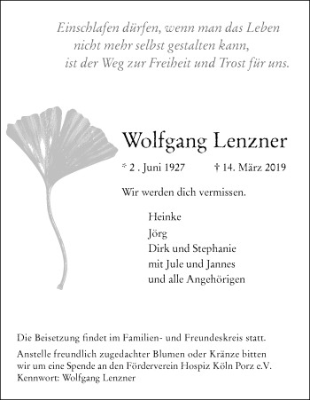Anzeige von Wolfgang Lenzner von Kölner Stadt-Anzeiger / Kölnische Rundschau / Express
