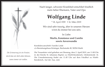 Anzeige von Wolfgang Linde von  Wochenende 