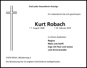Anzeige von Kurt Robach von Kölner Stadt-Anzeiger / Kölnische Rundschau / Express