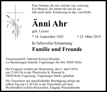 Anzeige von Änni Ahr von Kölner Stadt-Anzeiger / Kölnische Rundschau / Express
