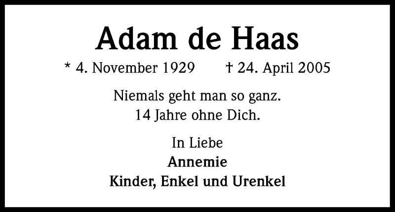  Traueranzeige für Adam de Haas vom 24.04.2019 aus Kölner Stadt-Anzeiger / Kölnische Rundschau / Express