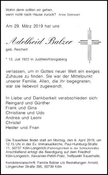 Anzeige von Adelheid Balzer von Kölner Stadt-Anzeiger / Kölnische Rundschau / Express