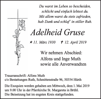 Anzeige von Adelheid Gruse von  Schlossbote/Werbekurier 