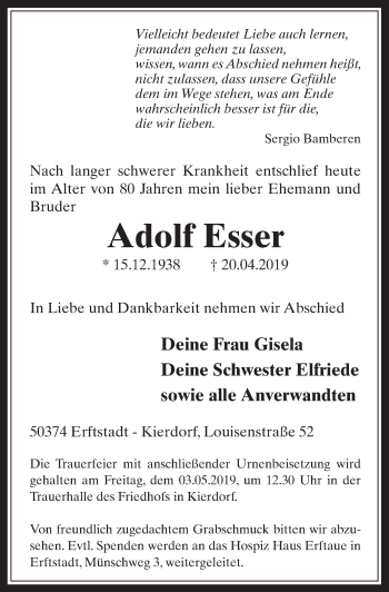 Anzeige von Adolf Esser von  Werbepost 