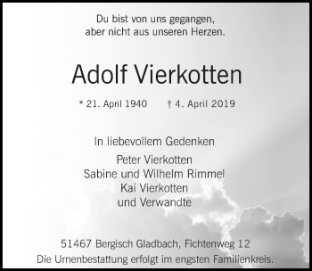 Anzeige von Adolf Vierkotten von  Bergisches Handelsblatt 