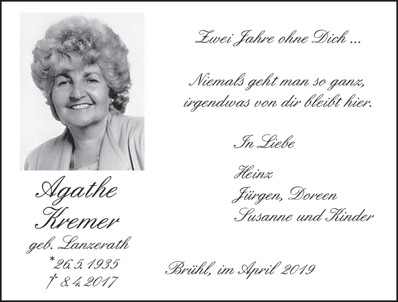  Traueranzeige für Agathe Kremer vom 10.04.2019 aus  Schlossbote/Werbekurier 