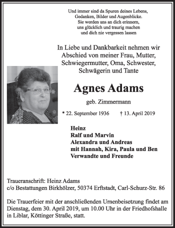 Anzeige von Agnes Adams von  Sonntags-Post 