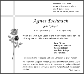 Anzeige von Agnes Eschbach von Kölner Stadt-Anzeiger / Kölnische Rundschau / Express