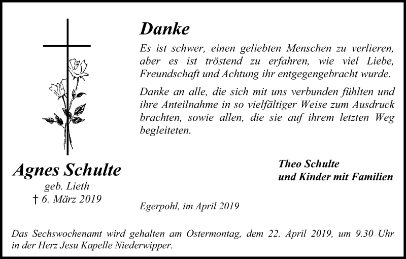  Traueranzeige für Agnes Schulte vom 13.04.2019 aus Kölner Stadt-Anzeiger / Kölnische Rundschau / Express