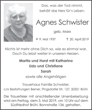 Anzeige von Agnes Schwister von  Schlossbote/Werbekurier 