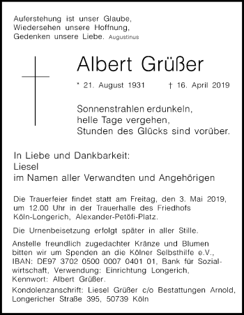 Anzeige von Albert Grüßer von Kölner Stadt-Anzeiger / Kölnische Rundschau / Express