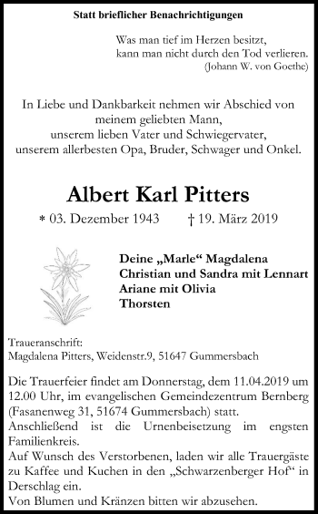 Anzeige von Albert Karl Pitters von Kölner Stadt-Anzeiger / Kölnische Rundschau / Express
