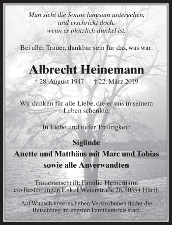 Anzeige von Albrecht Heinemann von  Wochenende 