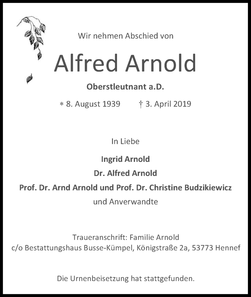  Traueranzeige für Alfred Arnold vom 20.04.2019 aus Kölner Stadt-Anzeiger / Kölnische Rundschau / Express
