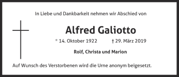 Anzeige von Alfred Galiotto von  Kölner Wochenspiegel 